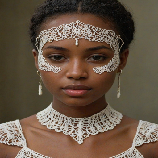 Face, shoulders, chest covered in openwork Creole embroidery. Raw, unedited image.