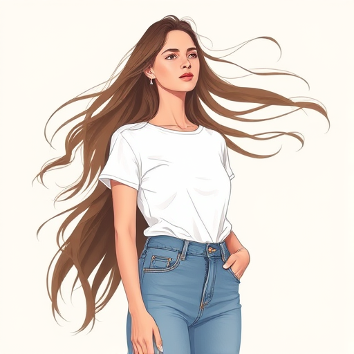 Create a digital illustration of a woman with long, wavy hair flowing in the wind, wearing a simple white t-shirt and high-waisted jeans, with a soft, neutral background, using a Canon EOS R5 camera with an 85mm lens, aperture f/1.8, ISO 100, shutter speed 1/200s, in portrait orientation to enhance image quality.