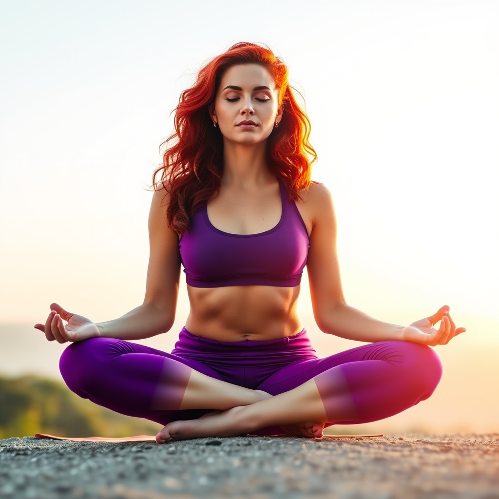 Create an image of a woman meditating in a yoga pose, with red hair and wearing purple sports attire, set against a serene background, using a DSLR camera, 50mm lens, f/1.8 aperture, ISO 100, 1/200 sec exposure, with natural lighting and a soft focus effect.