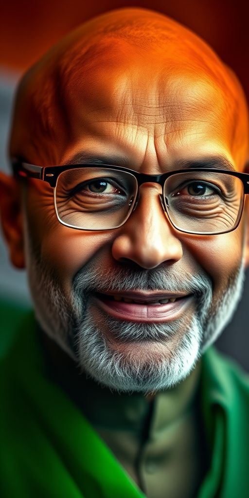 An artistic portrait of a bald man with glasses and a gentle smile, overlaid with the colors of the Indian flag, captured with a DSLR camera at f/2.8 aperture, ISO 100, 50mm lens, soft focus style.