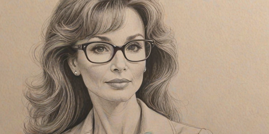 Sublime Susan Lucci, pencil sketch, portrait of Captivating woman 1972s in glasses, hair style beatnik, outline, clear lines, fine lines, 8k