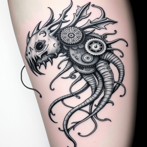 Surrealist bio-organic tattoo depicting a hybrid creature with mechanical gears and flowing tendrils, incorporating elements of steampunk and art nouveau styles in a monochromatic grayscale palette
