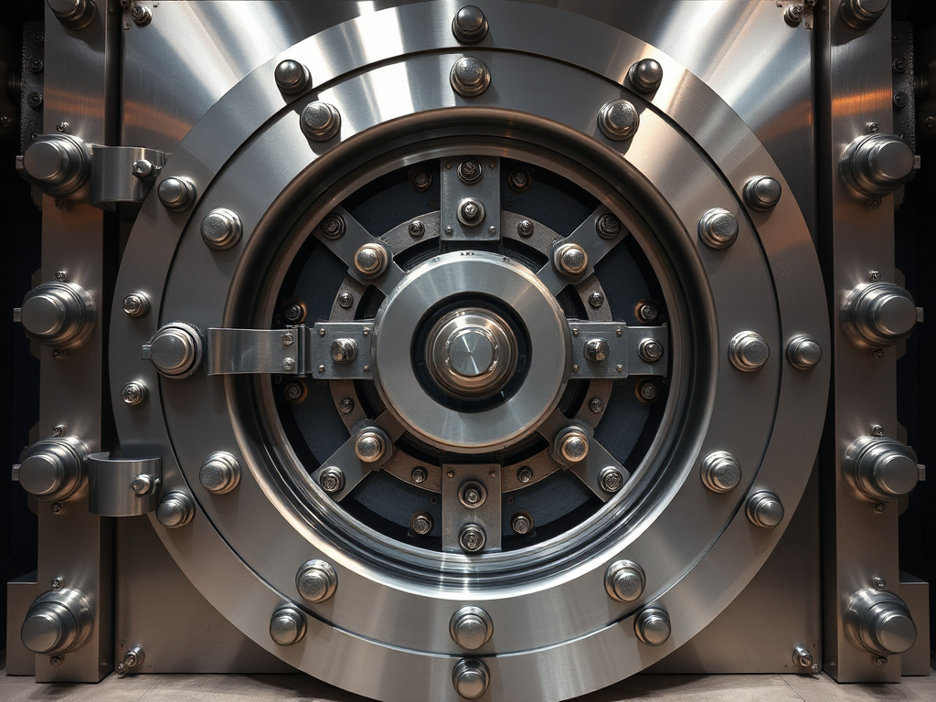 high-resolution image of a large, metallic bank vault door with intricate locking mechanisms, captured with a DSLR camera at f/2.8 aperture, ISO 100, 24mm lens, in a low-angle perspective, using soft lighting to emphasize details and textures.