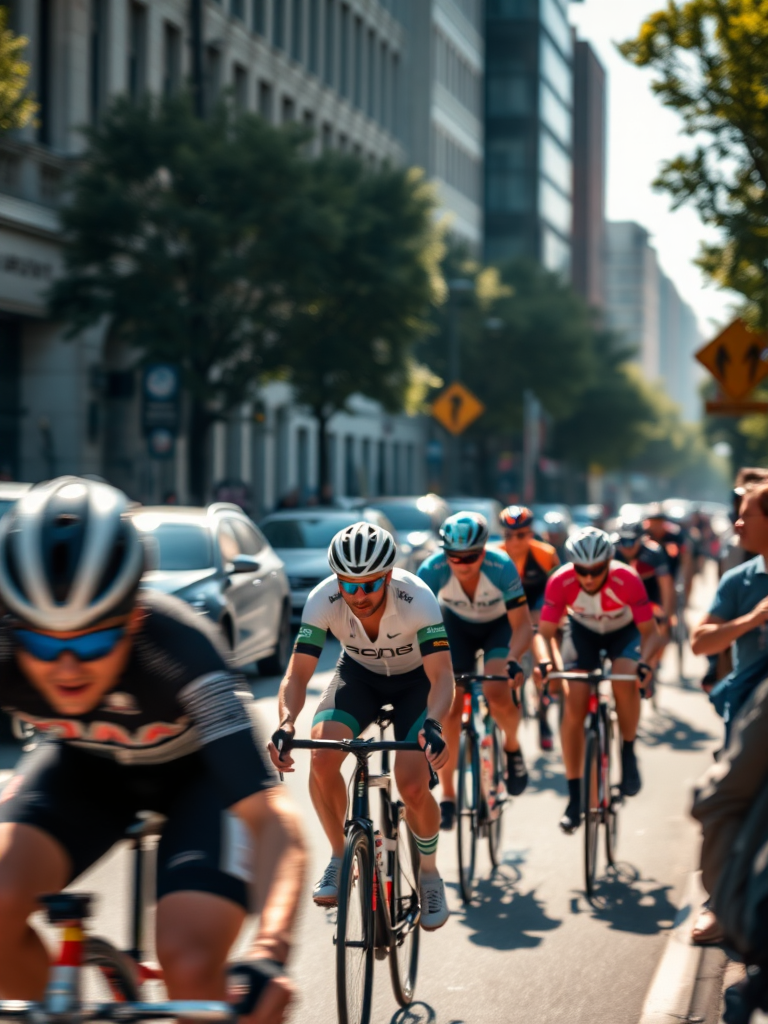 Blurry action shot of a group of cyclists racing down a city street, soft sunlight reflecting off their helmets and chrome handlebars, with onlookers cheering from the sidewalk.