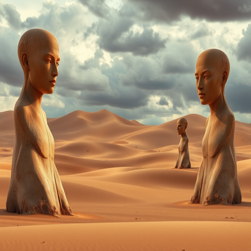 create a surreal image of large, smooth, humanoid sculptures in a vast desert landscape with rolling sand dunes under a dramatic, cloudy sky, using a DSLR camera at f/8 aperture, 1/250 shutter speed, ISO 100, wide-angle lens, and soft natural lighting for enhanced detail and texture.