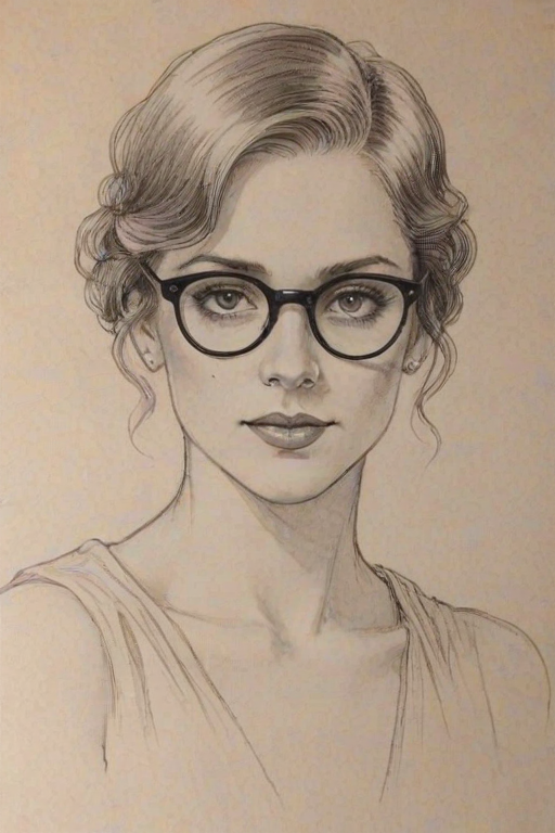 Attractive Zoe Laverne, pencil sketch, portrait of Bewitching woman 1920s in glasses, hair style beatnik, outline, clear lines, fine lines, 8k