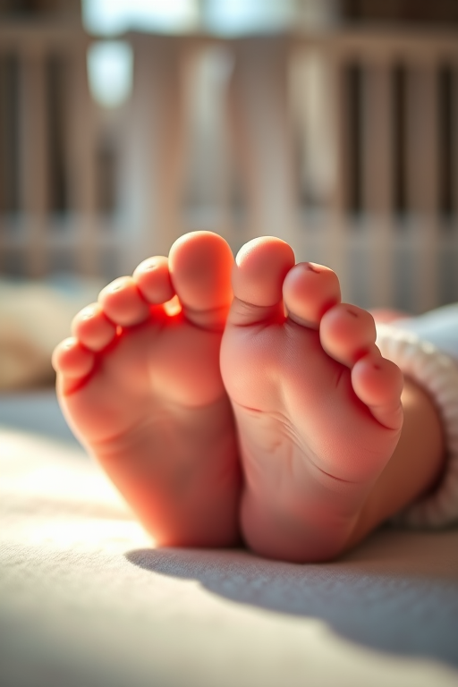 Softly focused close-up of a newborn baby's feet, with soft natural light illuminating their delicate skin, and a cozy blanket and crib visible in the background.