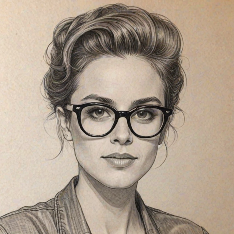 Enchanting Samantha Ronson, pencil sketch, portrait of Elegant woman 1952s in glasses, hair style beatnik, outline, clear lines, fine lines, 8k