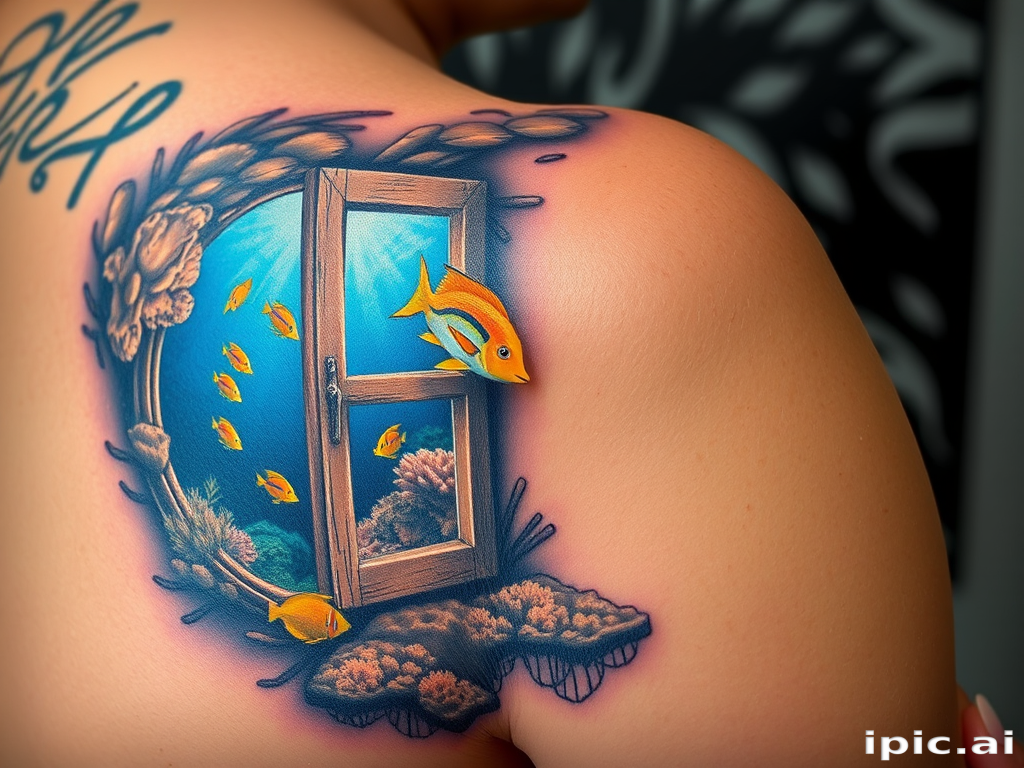 Hyper-realistic 3D tattoo on the shoulder blade, creating the illusion of a window opening to reveal a breathtaking underwater scene with coral reefs and tropical fish