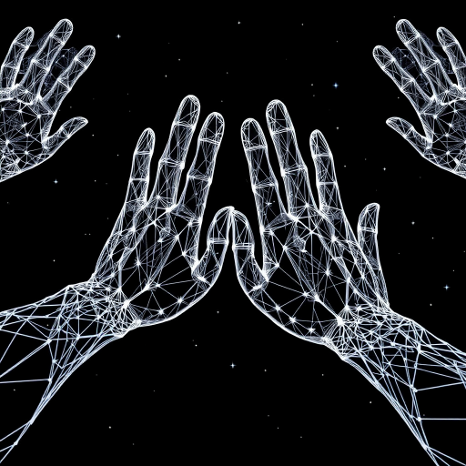 Generate a 3D geometric visualization of interconnected hands made of wireframe structures, set against a dark starry background with a high-resolution look, using a wide-angle lens at f/2.8, ISO 100, and a 24mm focal length, capturing intricate details and depth.