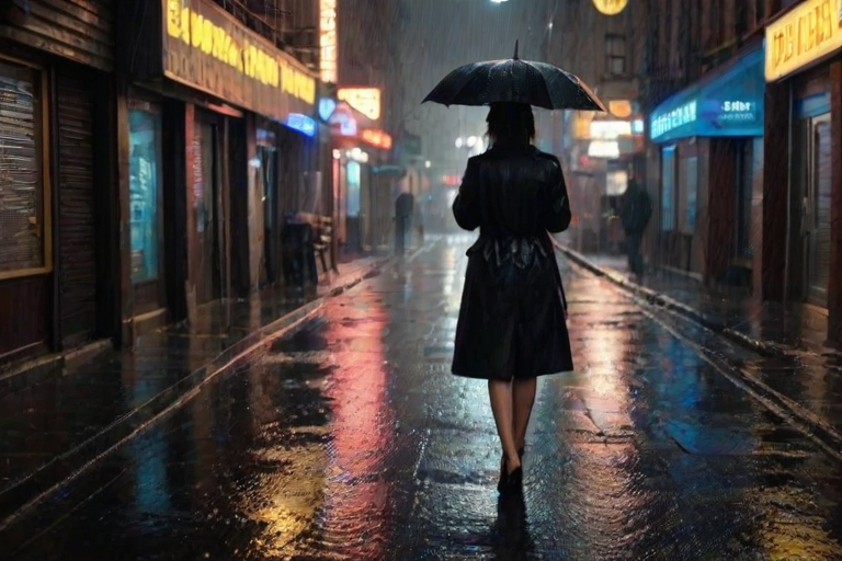 Rain-soaked city street at night, neon signs reflecting off the wet pavement, a woman in a trench coat walks briskly under her umbrella, her heels clicking softly on the cobblestones as she navigates the quiet, rain-soaked streets.