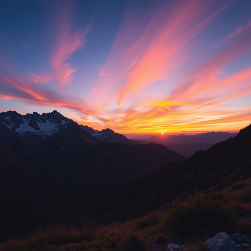 Generate a high-resolution image of a serene mountain landscape during sunset with vibrant colors, using a wide-angle lens, aperture f/8, ISO 100, shutter speed 1/125 sec, shot from a low angle to capture the foreground and background in detail, using a DSLR camera.