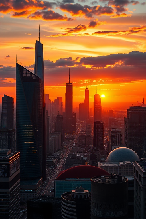 Create a high-resolution image showcasing a futuristic cityscape at sunset, using a DSLR camera with a 24mm lens, aperture set to f/8, ISO 200, and a slow shutter speed for smooth lighting effects.