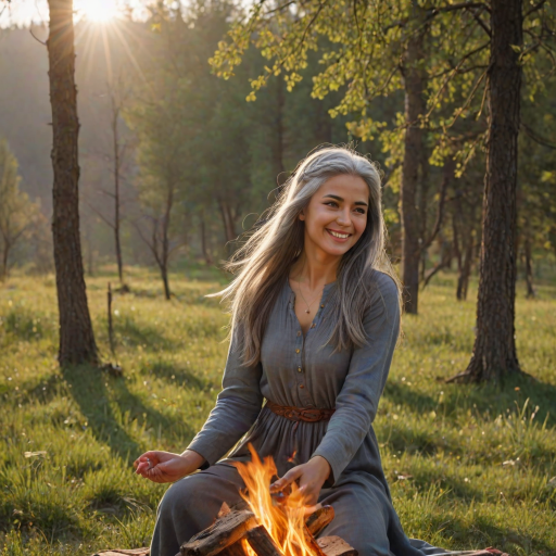 ultrarealistic, Delightful Tajik woman, pirouette on her head, gray hair, long straight hair, she is wearing Spring clothes, the sun gently illuminates her hair. Ultrarealistic skin, stands in the meadow, 1 girl, age - about 33 years old, swarthy complexion, ultrarealistic skin, smiles gently, stands near the campfire. She looks sexy