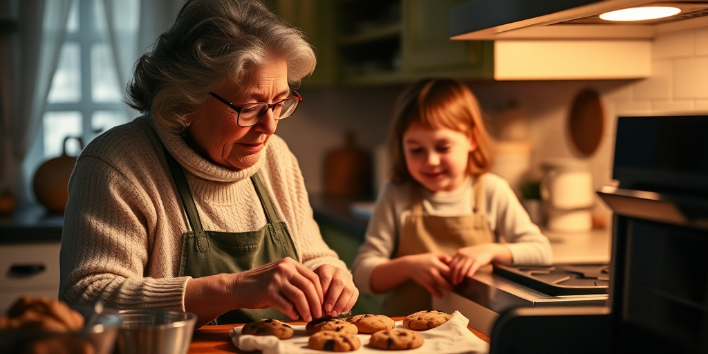 Warm, intimate image of a grandmother and granddaughter baking cookies in a cozy kitchen, soft glow from the oven casting warm shadows, with the smell of chocolate chip cookies filling the air.