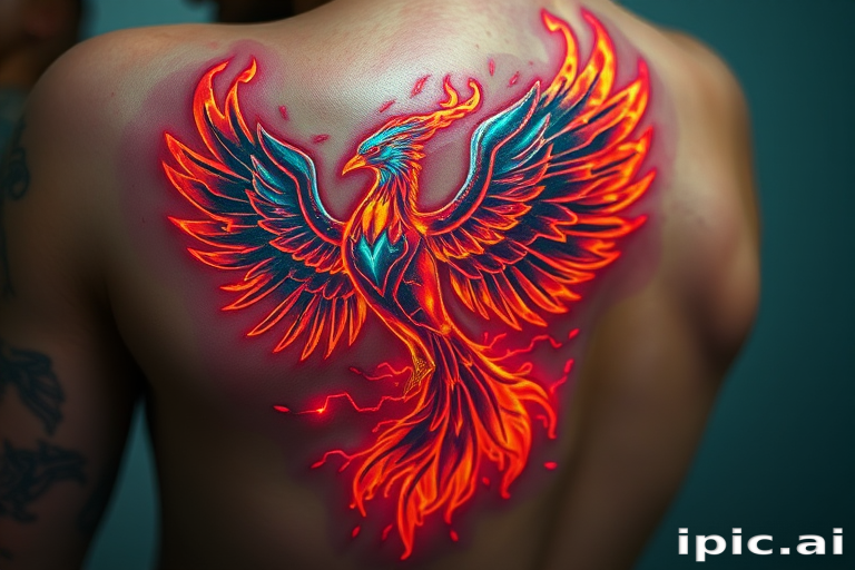 Futuristic holographic tattoo showcasing a cybernetic phoenix rising from digital flames, rendered with specially formulated inks that shimmer and change color under different lighting conditions