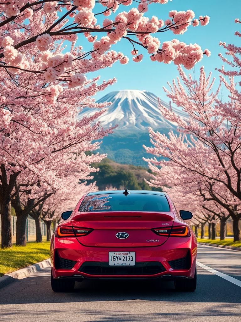 Generate an image of a stylized car surrounded by cherry blossom trees and a mountain in the background, using a Canon EOS R5 with a 50mm f/1.2 lens, aperture set to f/2.8, ISO 100, shutter speed 1/200s, shot in bright daylight with a vibrant color palette and painterly effect.