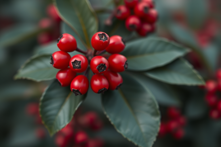 close-up of bright red berries on dark green leaves in soft focus, shot with a Canon EOS 5D Mark IV, 50mm lens, aperture f/2.8, ISO 100, natural light, macro photography style
