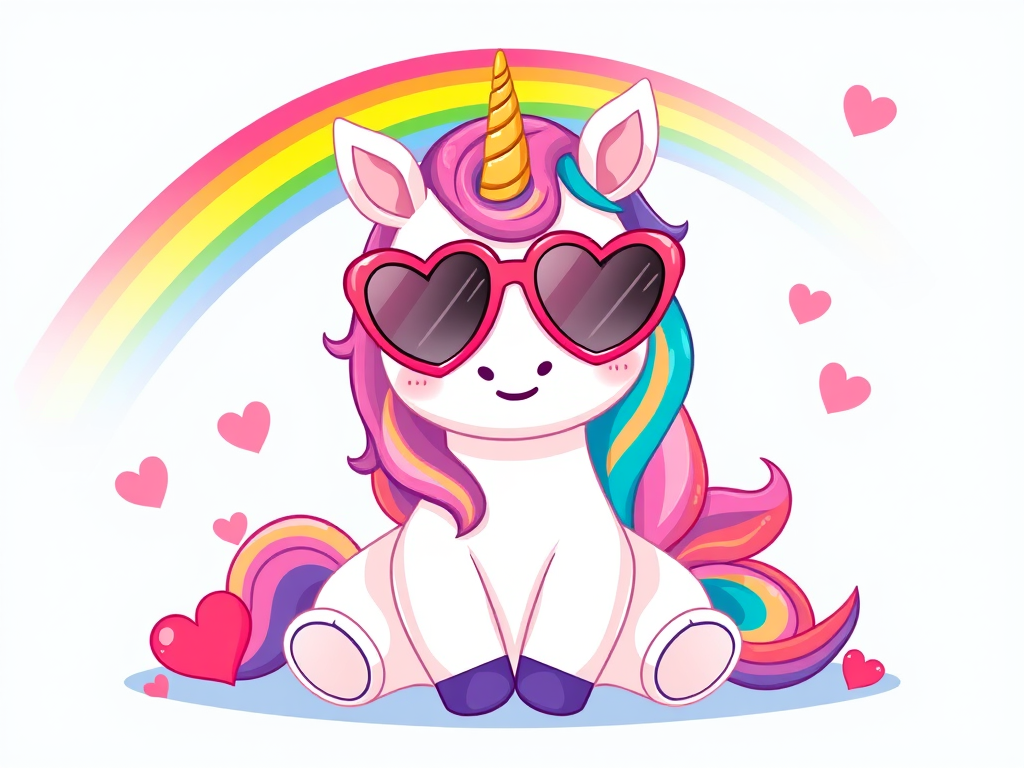 Create a vibrant illustration of a cute unicorn wearing heart-shaped sunglasses with a colorful rainbow mane, sitting happily with small hearts around it, in a bright and cheerful style, captured with a DSLR camera at f/2.8 aperture, 50mm lens, ISO 100, soft focus background for enhanced detail and color saturation.