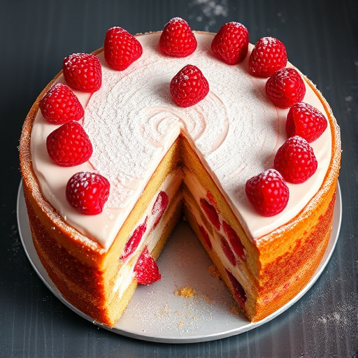 A round raspberry cake with a smooth cream filling and a dusting of powdered sugar on top, garnished with fresh raspberries around the edge, showcasing a slice cut out to reveal layers of sponge cake and cream filling with raspberries inside.