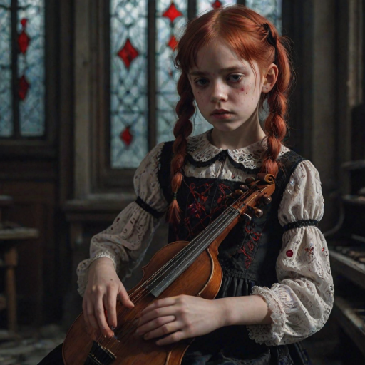 Close up realistic photo of a sad gothic little girl playing (instrument), red hair messy pigtails, black lace white dress with red detailed embroidery, abandoned gothic room with stained glass, closed eyes, horror cinematic lighting, dark fantasy, 4k, hdr,  uhd, detailed dress