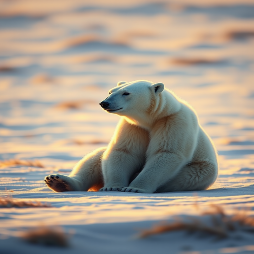 Create a hyper-realistic painting of a polar bear sitting on a snowy landscape, captured in soft golden lighting, using a digital camera with a 50mm lens at f/1.8 to enhance depth of field, in a landscape orientation, with a focus on texture and detail.