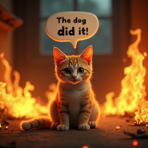 Photorealistic image of an innocent-looking cat sitting calmly in the middle of a burning room. Flames engulf the room, with fire licking up the walls and smoke filling the air. The cat is sitting on the floor, looking directly at the viewer with wide, innocent eyes. Above the cat, a speech bubble says "The dog did it!" The contrast between the cat's calm demeanor and the chaos around it creates a humorous and surreal scene.