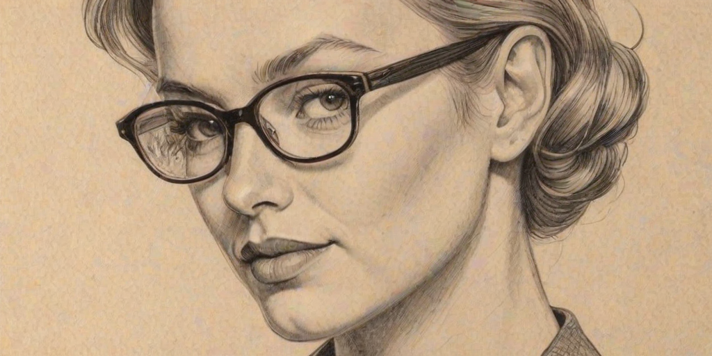 Sublime Ren'e Zellweger, pencil sketch, portrait of Delightful woman 1933s in glasses, hair style beatnik, outline, clear lines, fine lines, 8k