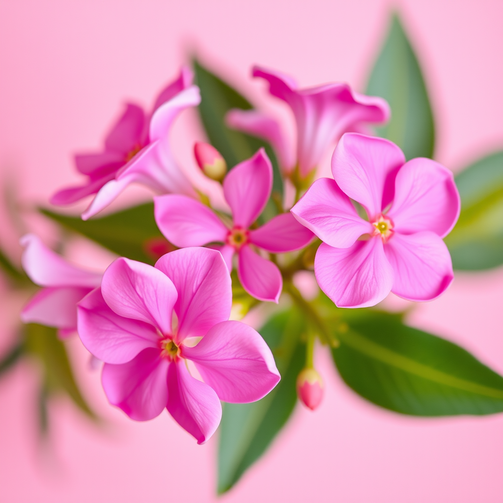 Create a detailed image of vibrant pink flowers with delicate petals intertwined on a soft pink background, using a Canon EOS R5, 50mm lens, f/2.8 aperture, ISO 100, and a shallow depth of field to enhance focus on the flowers.