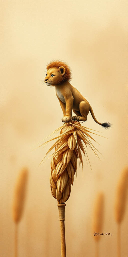 Soft, muted Alcohol Ink with ebru effect background image of tiny whimsical lion, who climbed high on the top of a golden rye ear.