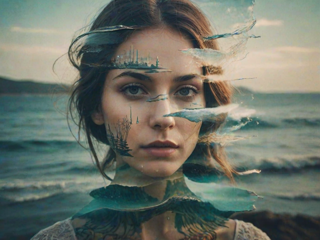 this photo is Book cover, A surreal double exposure portrait that blends a woman's face with a beautiful seascape. The overall mood is dreamy and mystical, with rich colors and intricate details
