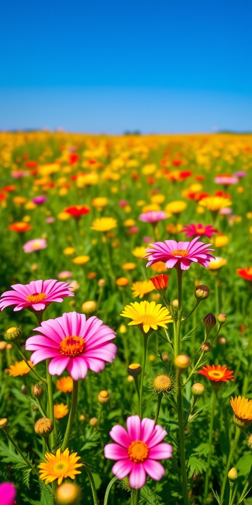 Generate a high-resolution image of a vibrant flower field under a clear blue sky, using a DSLR camera with a 50mm lens, aperture f/1.8, ISO 200, and a slight tilt-shift perspective to create a depth effect.