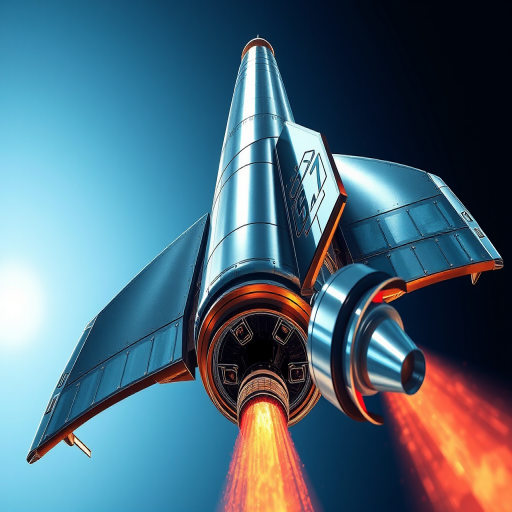 Create a high-resolution illustration of a rocket with a sleek metallic design, showcasing detailed textures and components, captured from a low-angle view to emphasize its height and power, using a DSLR camera at f/8 aperture, 50mm lens, 1/125s shutter speed, ISO 100 for optimal clarity and sharpness.