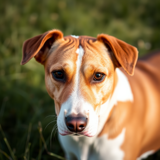 a close-up portrait of a brown and white dog with a serious expression in a grassy field, natural light, aperture f/2.8, ISO 200, shutter speed 1/500s, shallow depth of field, captured with a DSLR camera using a 50mm lens