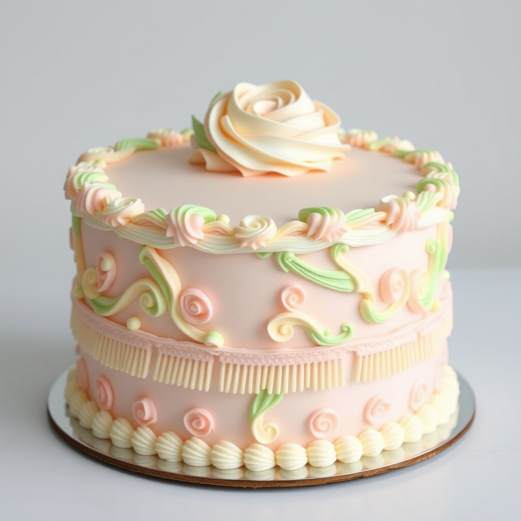Create an image of an elegantly decorated cake featuring intricate frosting designs in soft pastel colors including pink green and cream the cake should have ornate piping that resembles floral patterns with roses and decorative fringes on the sides and a smooth finish on the top showcasing an aesthetic and luxurious appearance