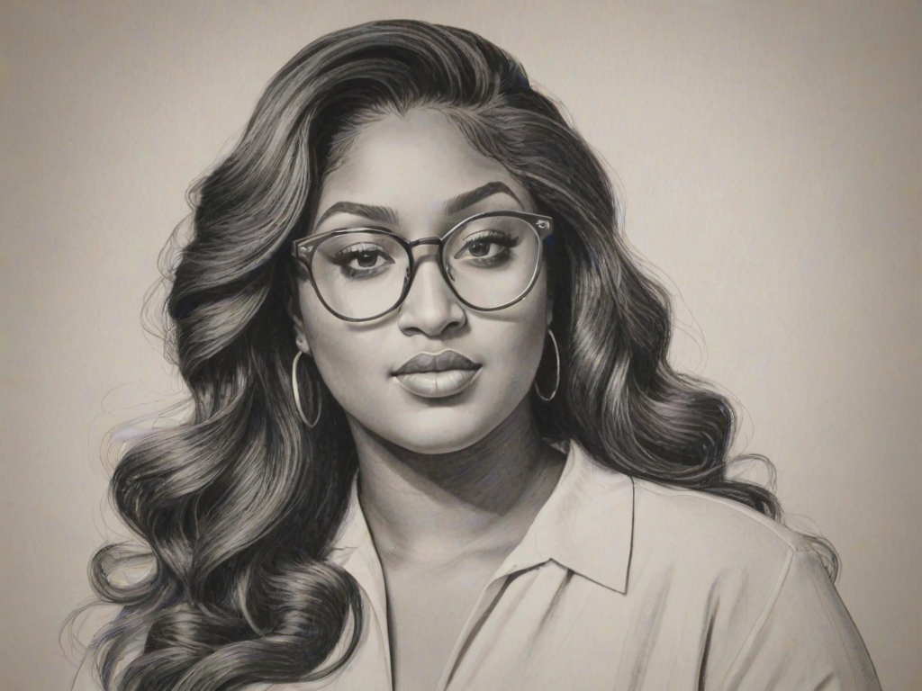 Magnificent Jazmine Sullivan, pencil sketch, portrait of Elegant woman 1969s in glasses, hair style beatnik, outline, clear lines, fine lines, 8k
