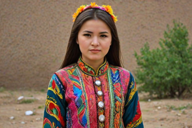 A beautiful Uzbek girl, wearing colorful bird clothing with vibrant colors