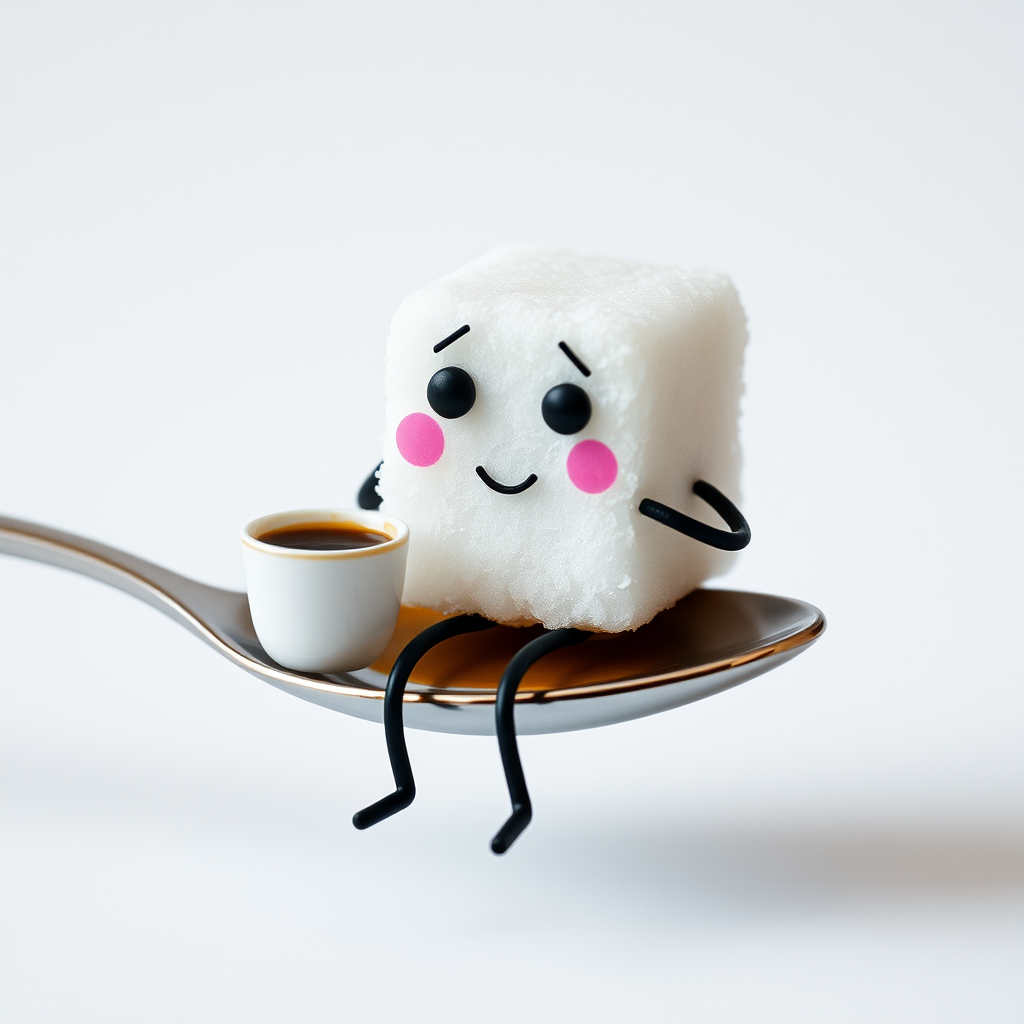 A sugar cube with a face and legs, sitting on a spoon and sipping a tiny cup of coffee.