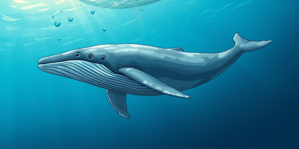 Create a detailed illustration of a whale swimming gracefully underwater, using a DSLR camera with a 50mm lens, aperture set to f/2.8, ISO 100, with a slightly low angle view and vibrant colors for enhanced image quality.