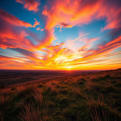 create a high-resolution image of a serene landscape at sunset with vibrant colors in the sky, using a DSLR camera set to ISO 100, aperture f/8, shutter speed 1/125 sec, captured from a wide-angle view with a 24mm lens for enhanced depth and clarity