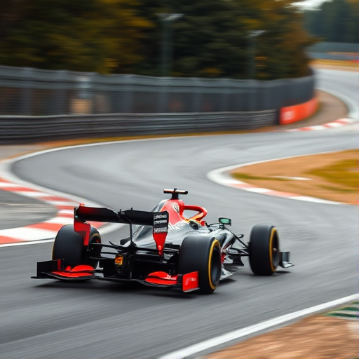 Capture a high-speed Formula 1 car racing on a curved track during the day, using a Canon EOS R5, shutter speed 1/1000s, aperture f/4, ISO 200, focal length 70mm, in a panning shot to emphasize motion and speed with a slightly blurred background.
