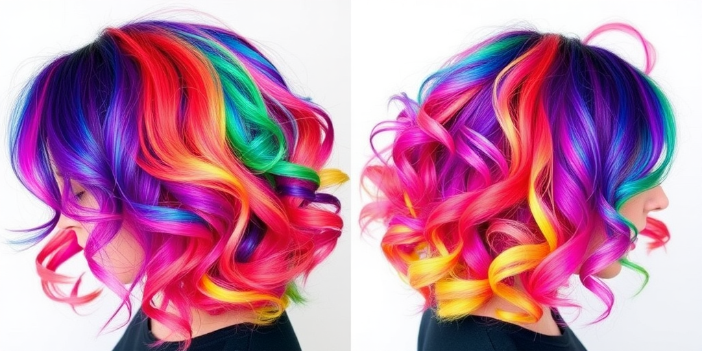 Vivid rainbow hues come together in the playful "Prism Power" hairstyle. Each section of hair is dyed a different bright color, creating a striking, kaleidoscopic effect. The medium-length cut is styled in bouncy, voluminous curls that showcase the full spectrum of colors, resulting in a fun and fearless look that's sure to turn heads.