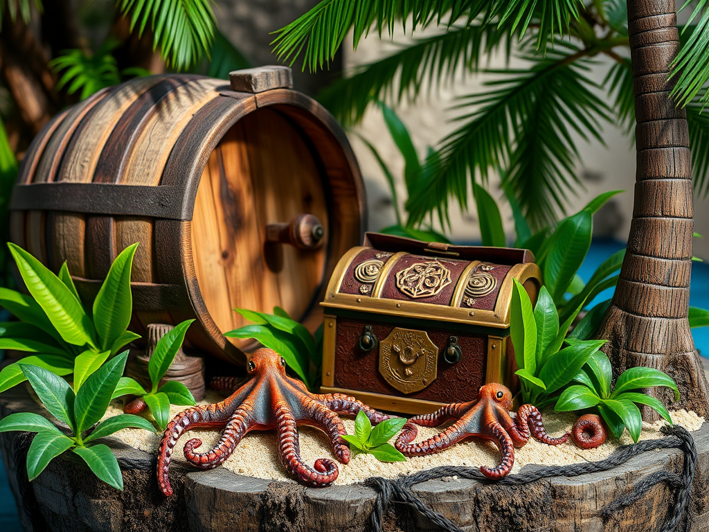 Create a realistic treasure island scene with a weathered wooden barrel, an ornate treasure chest, two playful octopuses, lush green plants, and a tall palm tree, captured with a DSLR camera at f/2.8 aperture, ISO 100, 24mm lens, in natural light for vibrant colors and sharp details, using a macro view.