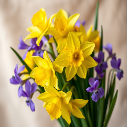 A bouquet of vibrant yellow daffodils and purple violets on a softly blurred background, captured with a DSLR camera, 50mm lens, aperture f/1.8, ISO 200, natural light for enhanced color depth and detail.