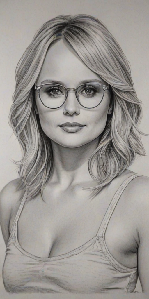 Attractive Miranda Lambert, pencil sketch, portrait of Ravishing woman 1979s in glasses, hair style beatnik, outline, clear lines, fine lines, 8k
