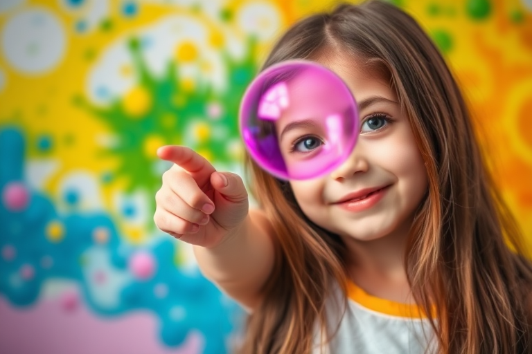 Create a vibrant portrait of a young girl with long hair pointing at a purple bubble against a colorful abstract background of splashes in yellow, green, and blue, captured with a DSLR camera at f/2.8 aperture, ISO 100, 50mm lens, using a shallow depth of field and soft focus effect.