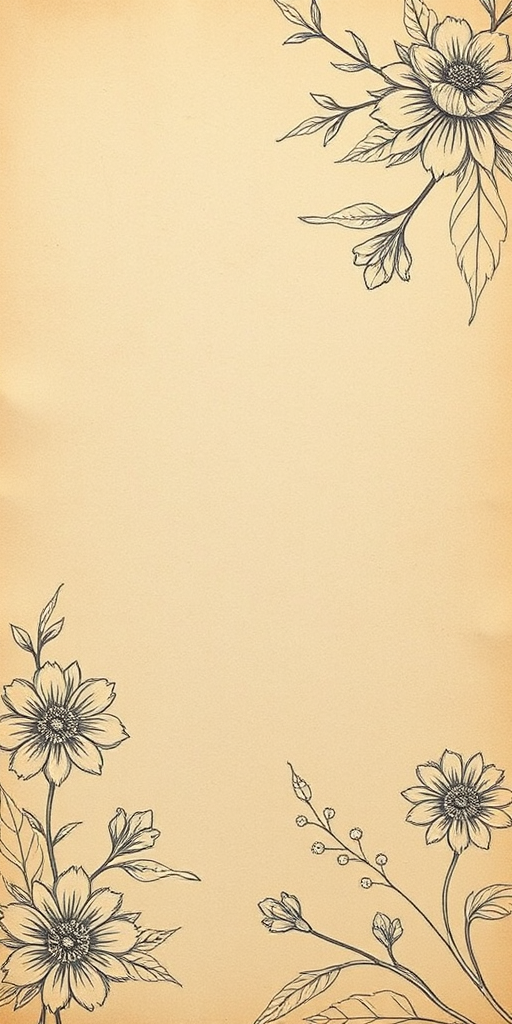 Create an aged paper texture background with floral patterns in pencil sketch style, using a Canon EOS 5D Mark IV, f/8 aperture, ISO 100, 50mm lens, taken from a top-down view for a detailed and clear appearance.