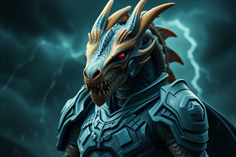Create a highly detailed image of a futuristic dragon-like humanoid in an armored suit with a menacing expression, set against a dramatic stormy background, using a DSLR camera with a 50mm lens, f/2.8 aperture, ISO 100, and a shallow depth of field for enhanced focus and clarity.