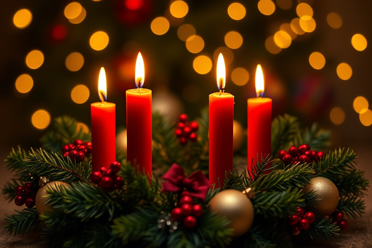 create a warm and festive image of a Christmas candle wreath with four lit red candles surrounded by greenery and ornaments, set against a soft glowing dark background with sparkling lights, taken with a DSLR camera at f/2.8 aperture, ISO 100, 50mm lens, in macro view to enhance details and bokeh effect