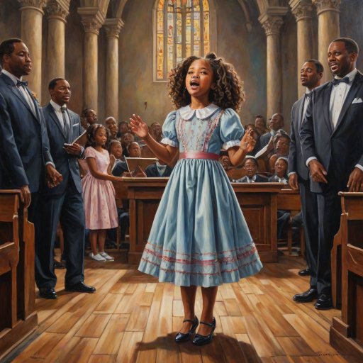 oil painting realistic a cute African American girl singing a gospel song, her hair is in ringlets with a ribbon, she is wearing a beautiful dress with matching shoes, she is standing on a stage in a church with a black choir, music notes. vibrant colors highly detailed